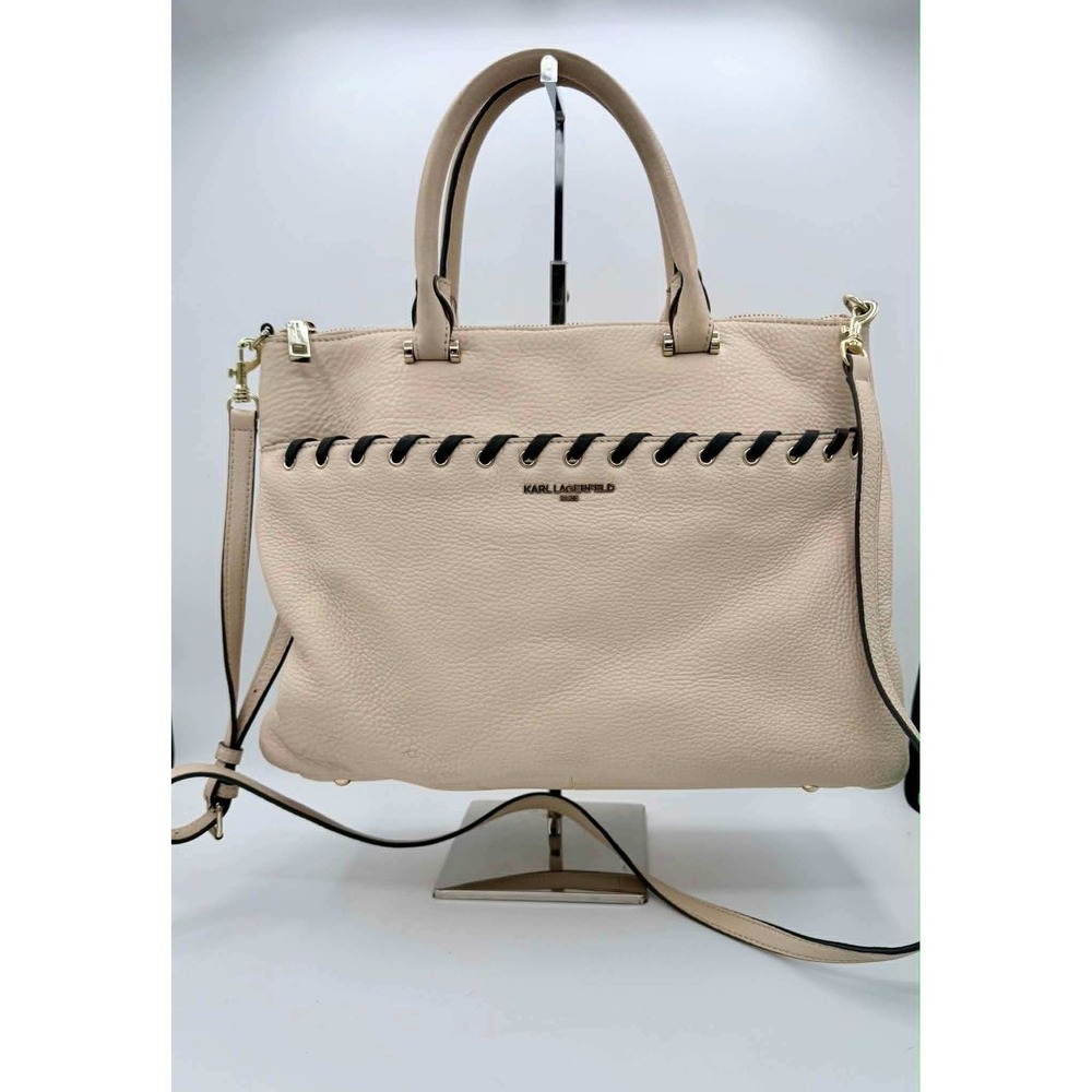 Karl Lagerfeld Paris Whipstitch Leather Satchel Handbag Cream Crossbody Bag